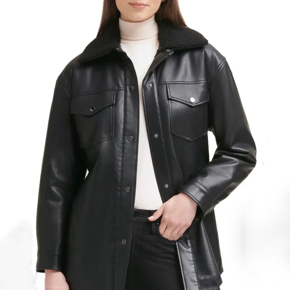 Kenneth Cole- Faux Leather & Sherpa Belted Shirt Jacket - Picture 4 of 10